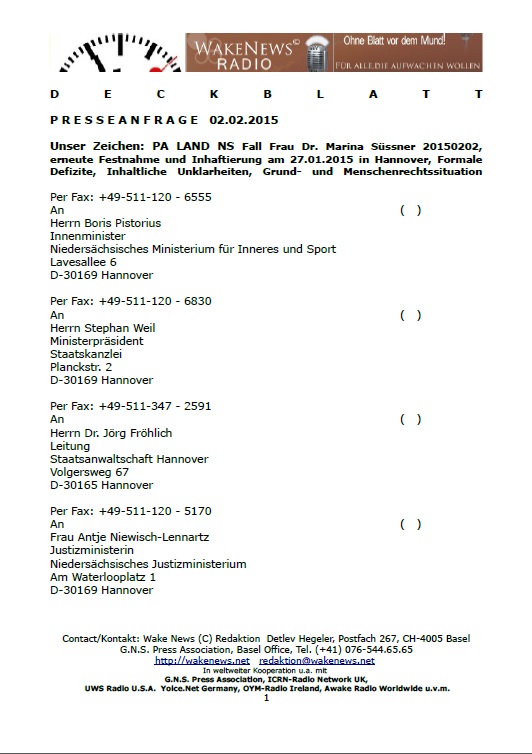 Deckblatt Presseanfragen an das Land Niedersachsen zur Inhaftierungvon Frau Dr. Marina Sssner 20150202