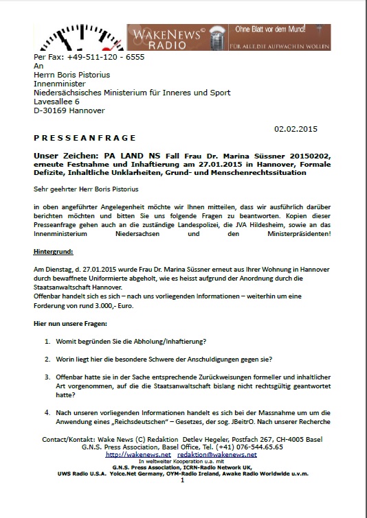 Presseanfragen an Boris Pistorius Land Niedersachsen zur Inhaftierungvon Frau Dr. Marina Sssner 20150202 p1